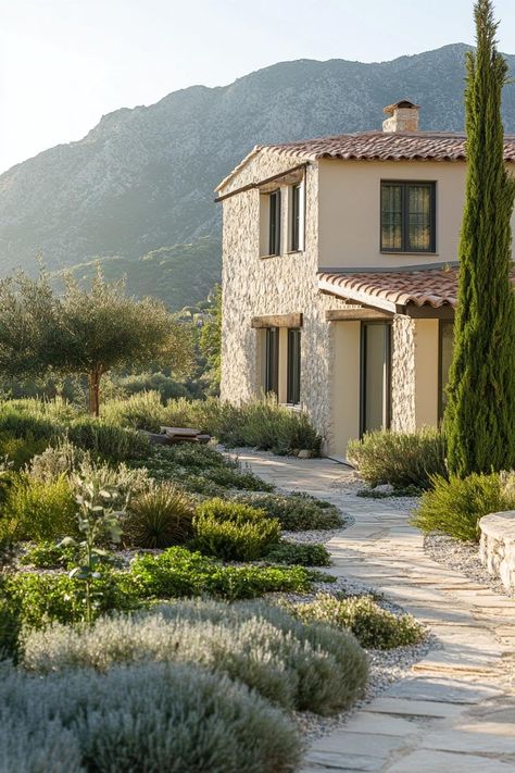 Modern mediterranean cottage with olive grove garden mountain view. Check out all of these charming Greek houses, blending timeless elegance with a splash of Mediterranean flair. Mediterranean Driveway, Greek House Aesthetic, Modern Mediterranean Garden, Garden Provence, Mediterranean Cottage, Retreat Home, Greek Mountains, Greek Garden, Sustainable House Design