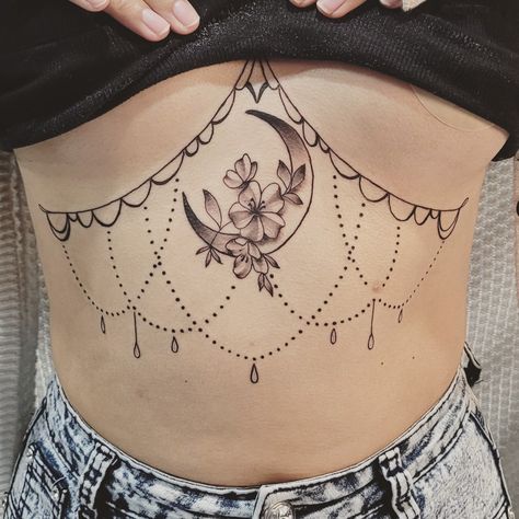 Chandelier Underboob Tattoo, Moon Tattoo Sternum, Witchy Underboob Tattoo, Celestial Sternum Tattoo, Moon Underboob Tattoo, Moon Sternum Tattoo, Dark Sketches, Underboob Tattoos, Chandelier Tattoo