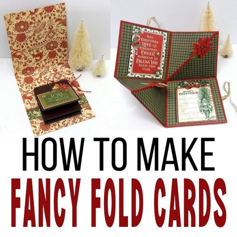 How to make fancy fold cards for any occasion or holiday Fancy Fold Christmas Cards Handmade, Fun Fold Christmas Cards Handmade, Christmas Fun Fold Card Ideas, Folded Christmas Cards Target, Envelope Flap Fun Fold Card, Squash Card, Folded Christmas Cards, Unique Holiday Cards, Card Sketches Templates