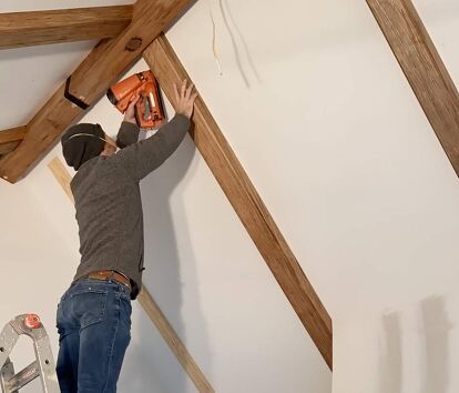 Wood Vaulted Ceiling, Beams On Ceiling, Fake Beam, Plank And Pillow, Ceiling Beams Living Room, Vaulted Ceiling Beams, Vaulted Ceiling Ideas, Faux Ceiling Beams, Box Beams