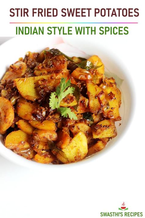 Sweet potato stir fry Sweet Potato Indian Recipes, Indian Sweet Potato Recipe, Sweet Potato Stir Fry Recipes, Stir Fry Sweet Potato, Sweet Potato Recipes Indian, Sweet Potato Fry, Potato Stir Fry, Sweet Potato Stir Fry, Pumpkin Recipes Dinner