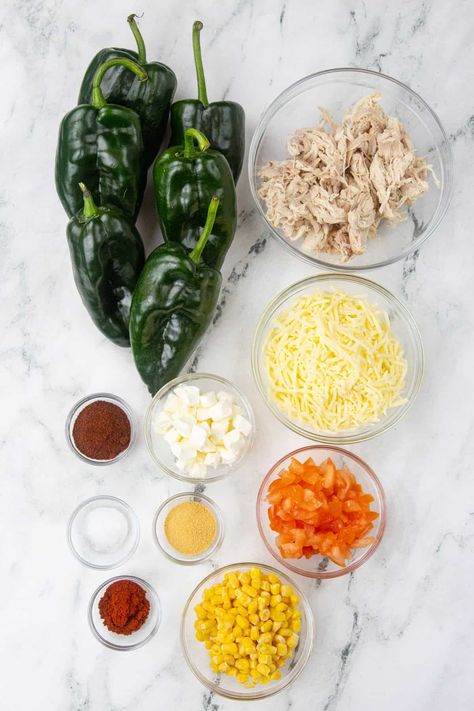 Stuffed Poblano Peppers Cream Cheese Stuffed Poblano Peppers, Pablano Pepper Recipe, Pablano Pepper, Make Shredded Chicken, Poblano Peppers, Pepper Recipes, Mexican Dinner Recipes, Mexican Dinner, Cheese Cubes