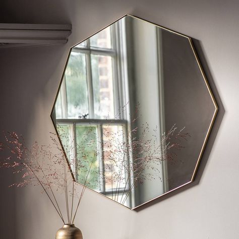 Elegant and striking, this beautiful octagonal wall mirror will make a beautiful feature to your interior.Choose from a champagne gold or black edged metal frame - the beauty of this mirror really is in its simplicity. The clean modern design means it’s versatile enough to be hung in any room, and will look particularly effective hung over a console table in a hallway or lounge area. With understated wow-factor, this is a mirror that you’ll want to showcase.Metal and glass.Diameter: 80cm, ... Octagon Mirror, Landscape Glass, Statement Mirror, Mirror Wall Bedroom, Gold Mirror Wall, Metal Frame Mirror, Mirror On The Wall, Beautiful Mirrors, Metal Mirror