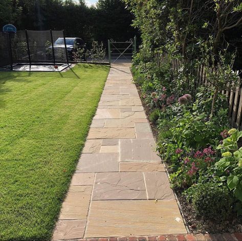 Patio And Path Ideas, Indian Stone Patio Ideas, Indian Sandstone Patio Ideas, Sandstone Walkway, Sandstone Pathway, Sandstone Path, Entrance Pathway, Front Garden Path, Brick Paths