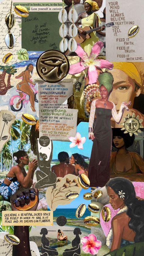 caribbean spiritual vibes , i love this one!𖤓 #blackgirlaesthetic #blackgirlshuffles #caribbean #island #spiritual #erykahbadu #coconutgirl #coconutgirlaesthetic #blackwomen #jheneaiko Carribean Fashion, Vision Collage, Spiritual Vibes, Summer Goddess, Goddess Aesthetic, Caribbean Island, Princess Aesthetic, Black Aesthetic Wallpaper, Picture Collage