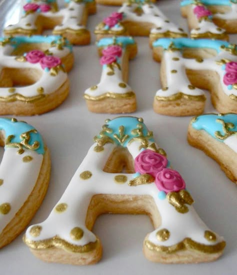 #Alphabet cookies are a great way to teach children alphabet recognition and involve them in the cooking process. Sable Cake, Greenery Cookies, Tea Party Cookies, Monogram Cookies, Alphabet Cookies, Decorate Cookies, Cookies Decoradas, Dessert Recipes For Kids, Party Cookies