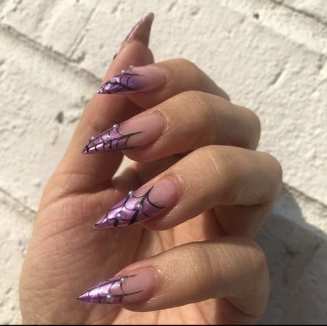 Spidy Nails, Halloween Nails With Rhinestones, Spiderweb Nails Acrylic, Spider Nails Acrylic, Spider Web French Tip Nails, Rhinestone Spider Nails, Black Acrylic Nails With Spider Web, Glitter Spider Web Nails, Spider Web Nails Coffin