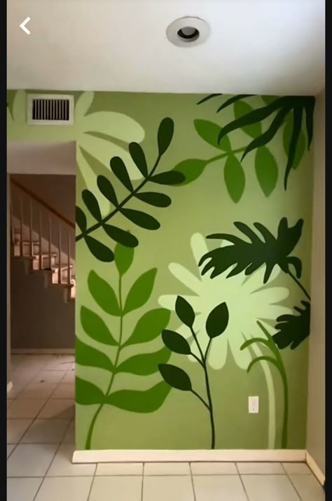 Wall Plant Painting, Painting Plants On Walls, Green Paint Wall Design, Green Wall Painting Ideas, Plant Mural Wall, Leaf Wall Painting, Jungle Boys Room, Painting Ideas For Home, Kitchen Mural