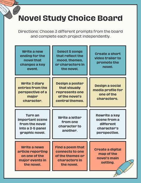 📚✨ Make novel studies engaging with this Choice Board Worksheet! Perfect for grades 6-12, this Canva template lets students choose activities that deepen their understanding while adding a creative twist to reading assignments. Boost engagement and let students take charge of their learning! 📝📖 #NovelStudy #ChoiceBoards #EnglishTeachers #CanvaTemplates #MiddleSchoolELA #HighSchoolELA Novel Study Activities For Any Book, Novel Study Activities, Teachers Toolbox, Choice Board, Choice Boards, High School Ela, Novel Characters, Novel Study, Review Activities