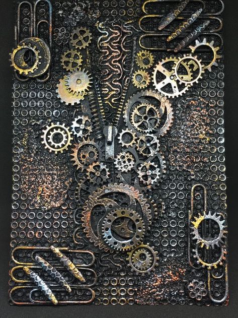 Sarah Todd, Steampunk Mixed Media Art, Zipper Art, Steampunk Book, Steampunk Mixed Media, Altered Canvas, Mixed Media Art Techniques, Steampunk Crafts, Mixed Media Art Canvas