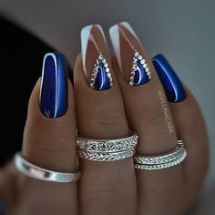 Blue And Silver Nails, Silver Nail Designs, Blue And White Nails, Heart Nail Designs, Gel Nail Art Designs, Blue Acrylic Nails, Fancy Nails Designs, Stylish Nails Designs, Nails Design With Rhinestones