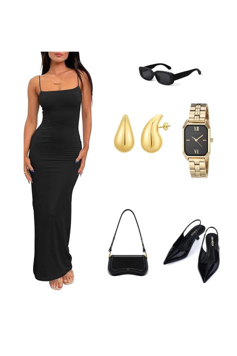 Black body con skims inspired dress styled with black sunglasses gold bottega earrings gold watch black kitten heels and blag baguette bag. clean girl aestheic. Products are tagged Kitten Heels Outfit Dress, Bottega Earrings, Heels Outfits Dress, Kitten Heels Outfit, Black Kitten Heels, Heels Outfits, Black Kitten, Baguette Bag, Black Body