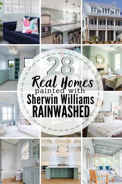 Looking for that perfect blue-green paint color to give you a coastal, spa-like feel? Check out Sherwin Williams Rainwashed in 28 real homes to see if it's the right shade of paint for your home, and compare it to other similar paint colors to know for sure! #sherwinwilliams #rainwashed #sherwinwilliamsrainwashed #sherwinwilliamsrainwashedbedroom #sherwinwilliamsrainwashedkitchen #sherwinwilliamsrainwashedlivingroom #sherwinwilliamsrainwashedvsseasalt #sherwinwilliamsrainwashedexterior Spa Paint Colors, Sherwin Williams Rainwashed, Sherwin Williams Rain, Rainwashed Sherwin Williams, Country Chic Bedroom, Sherwin Williams Blue, Coastal Paint Colors, Coastal Paint, Blue Green Paints