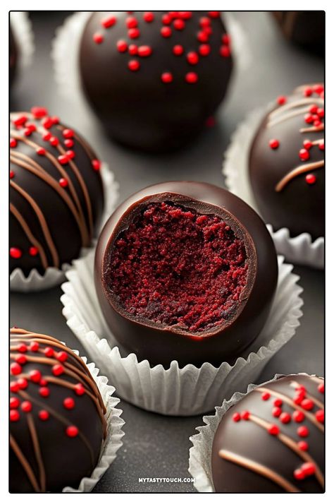 Indulge in these rich and velvety chocolate-covered red velvet truffles! Each bite delivers a burst of flavor and a delightful texture that's perfect for any occasion. The red sprinkles add a festive touch, making them ideal for celebrations or simply satisfying your sweet tooth. Try making these delicious treats, and watch them disappear! Red Velvet Truffles, Velvet Recipes, Red Velvet Recipes, Edible Glitter, Chocolate Coating, Decadent Chocolate, Red Velvet Cake, Velvet Cake, Delicious Treats