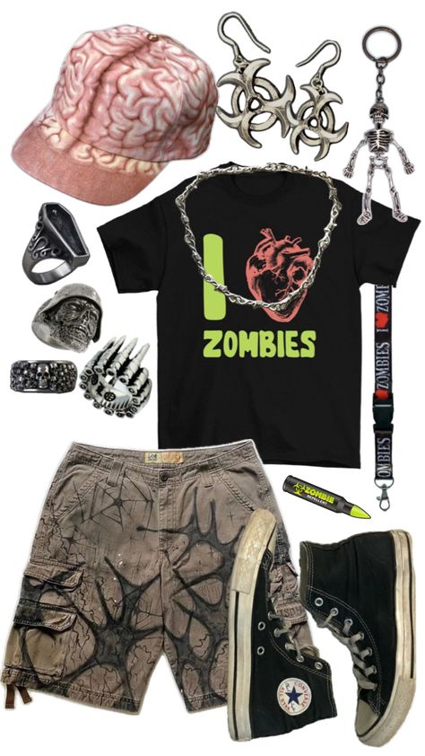 Dirty Converse, Brain Hat, Barbed Wire Necklace, Zombie Brain, Zombie Clothes, Silly Clothes, Coffin Ring, Dead Zombie, Scene Outfits