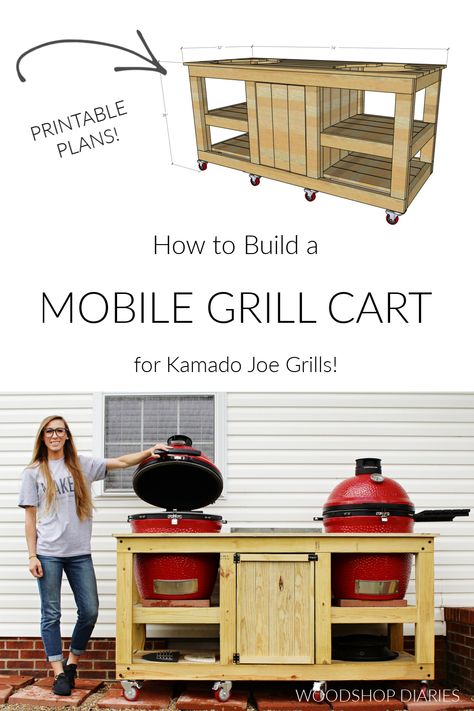 DIY Outdoor Ceramic Grill Cart Kamado Joe Outdoor Kitchen Diy, Outdoor Grill Table Diy, Kamado Joe Outdoor Kitchen, Grill Storage Ideas, Kamado Table Plans, Kamado Joe Table Plans, Bbq Trolley, Diy Grill Cart, Kamado Joe Table