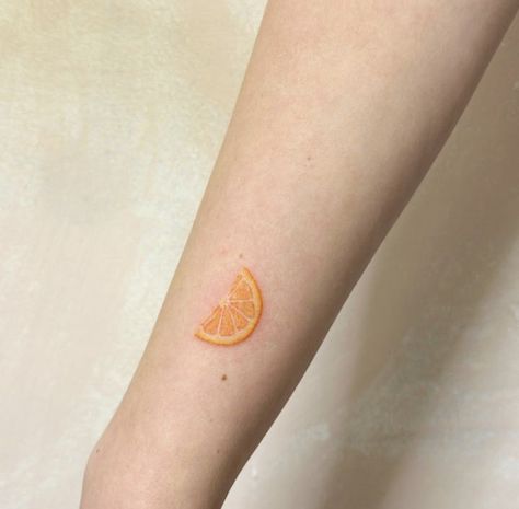 Orange Tattoo Ideas, Orange Colored Tattoo, Orange Half Tattoo, Orange Segment Tattoo, Mandarin Tattoo, Orange Halves Tattoo, Orange Tattoo Color, Minimalist Orange Tattoo, Half Orange Tattoo