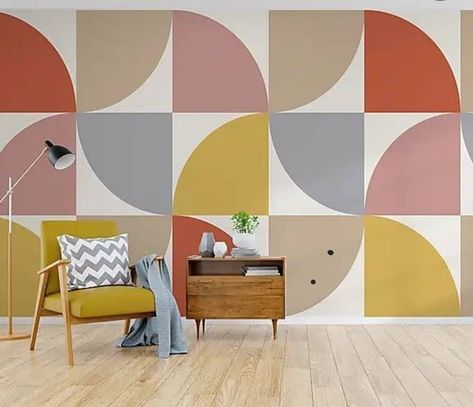 Mural For Kitchen Wall, Color Block Door, Funky Accent Wall Ideas, Retro Wall Design, Multi Color Wall Paint Ideas, Accent Wall Geometric Design, Wallpaper For Kitchen The Wall, Unique Painting Ideas For Walls, Wall Geometric Design