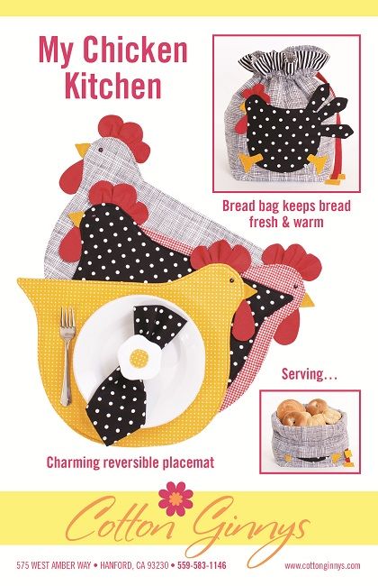 Cotton Ginny's Home Dec Patterns Kitchen Sewing, Chicken Quilt, Kitchen Placemats, Chicken Kitchen, Bread Bag, Chicken Crafts, Chicken Pattern, Placemats Patterns, Bread Bags