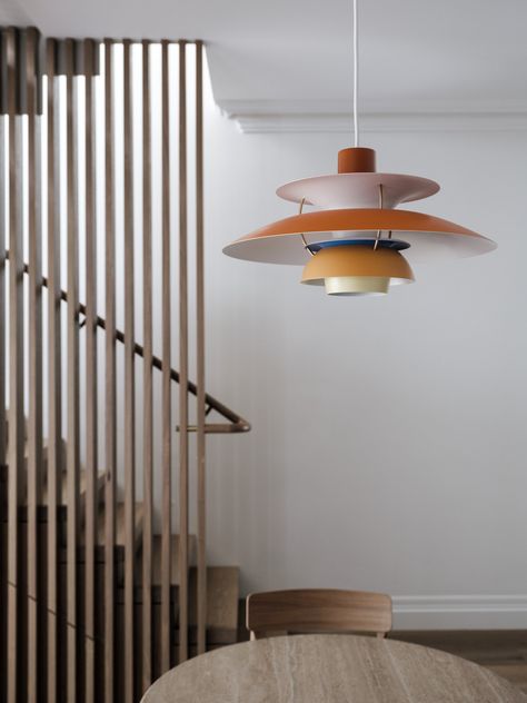 The ICON | PH 5 Pendant by Poul Henningsen | est living Poul Henningsen Lamp, Dining Table Pendant Light, Ph Lamp, Danish Dining Table, Painted Brick Walls, Mid Century Lighting Pendant, Danish Lighting, Poul Henningsen, Metal Pendant Lamps