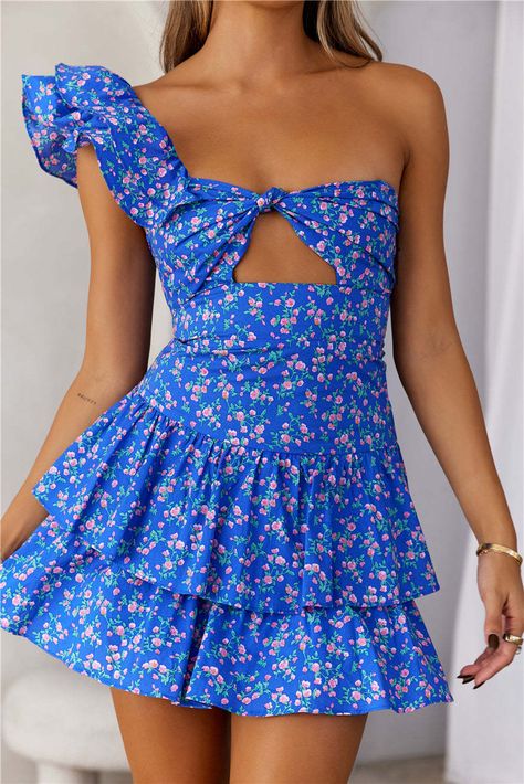 hoco dresses 2024 Summer New Elegant Printed One-Shoulder Backless Girdle Dress Women Meg Moroney, Preppy Summer Dress, Spring Mini Dresses, Preppy Fits, Preppy Prom, Frill Skirt, Shoulder Ruffle Dress, Hoco Dress, Marine Uniform