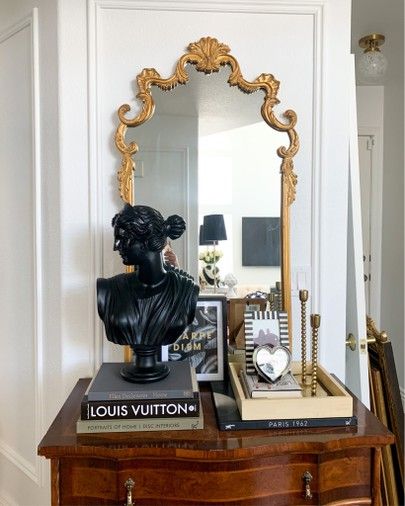 Decorating With Bust Statues, Bust Decor, Entryway Inspo, Female Bust, Alice Lane, Globe Ceiling Light, Crystal Orb, Bust Statue, Gold Candle Sticks