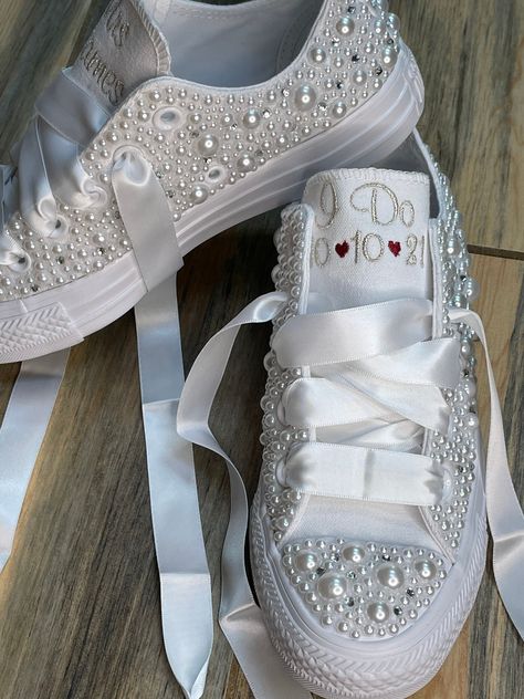 Platform PEARL and BLING Encrusted Converse, Bride Shoes, Wedding Embroidered Wedding shoes, wedding sneakers, Decorated ShoesConverse by EmbroideryByDarlene on Etsy Bedazzled Wedding Sneakers, Bedazzled Wedding Shoes, Wedding Tennis Shoes Brides, Diy Bridal Shoes, Shoes Decoration Ideas, Diy Rhinestone Shoes, Converse With Rhinestones, Converse Bride, Embroidered Wedding Shoes