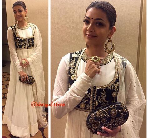 Kajal Agarwal # Sabyasachi # waist  coat # Anarkali # white love # Waist Coat Outfit Women, Kathak Costume, Indian Long Dress, Designer Anarkali Dresses, Anarkali Dress Pattern, Pakistani Fashion Casual, Kajal Agarwal, Waist Coat, White Love