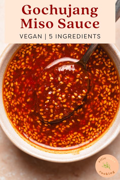 Gochujang Miso Sauce - Ellie Likes Cooking Sweet And Spicy Gochujang Sauce, Miso Teriyaki Sauce, Miso Gochujang Sauce, Spicy Gochujang Sauce, Gochujang Recipe Sauces, Korean Sauces Recipes, Gochujang Salad Dressing, Yuzu Miso Sauce, Miso Dipping Sauce