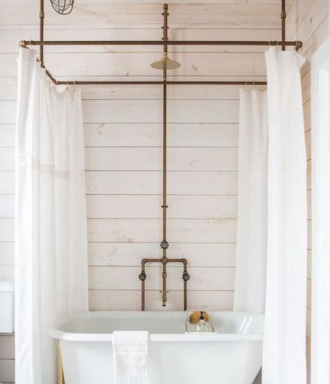 Garden Tub Shower Combo, Exposed Plumbing, Clawfoot Tub Shower, Diy Shower Curtain, Shower Plumbing, Best Bathtubs, Diy Shower, Garden Tub, Shower Rod