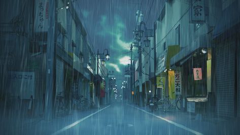 The rainy town of Japan　BG , Satoshi Ueda on ArtStation at https://www.artstation.com/artwork/the-rainy-town-of-japan-bg Gacha Backgrounds Outside, City Rain, Rainy City, Anime Places, Rain Wallpapers, Anime City, Scenery Background, Wallpaper Tumblr, Anime Backgrounds Wallpapers