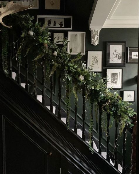 Affordable Christmas Decor, Stairs Renovation, Affordable Christmas Decorations, Fireplace Garland, Moody Decor, Salon Suites, Dark Christmas, Dark Home Decor, Goth Home