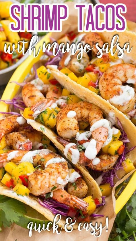 These shrimp tacos with mango salsa are a quick and easy dinner option that features tender shrimp, sweet and tangy mango salsa, and creamy cilantro lime sauce, all inside warm corn tortillas. Creamy Cilantro Lime Sauce, Shrimp Tacos With Mango Salsa, Mango Tacos, Fresh Mango Salsa Recipe, Healthy Shrimp Tacos, Cilantro Lime Shrimp Tacos, Tacos With Mango Salsa, Grilled Shrimp Tacos, Shrimp Tacos Easy