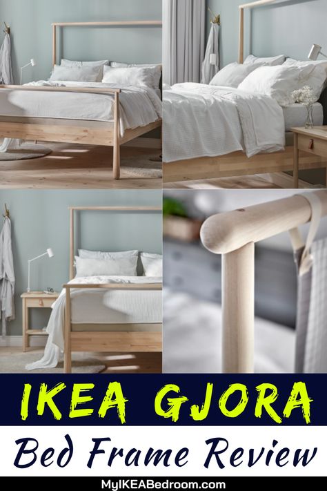 IKEA Gjora Bed Frame Review: The IKEA Gjora bed frame has quite a specific design, with parts that allow draping cloth above the bed to create a specific style. This IKEA Gjora bed frame has a high rating by their customers. Also, they seem to be highly satisfied with the product and loving its durability and style. Grimsbu Bed Ikea, Gjora Bed Ideas, Ikea Gjora Bed Hack, Ikea Grimsbu Bed Frame, White Ikea Bedframe, Ikea Gjora Bed, Gjora Bed Ikea Inspiration, High Rise Bed, Ikea Balestrand Bed