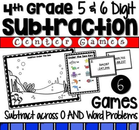 5 & 6 Digit Subtraction Math Games Subtract Across Zero Story Word Problems Subtraction Borrowing, Subtraction Math Games, Subtraction Across Zeros, Math Center Games, Subtraction Games, Equivalent Fractions, Teaching Teachers, 4th Grade Math, Math Center