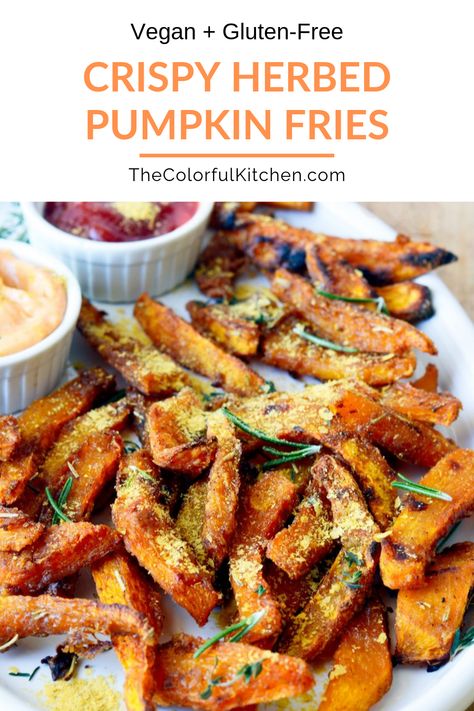 Crispy Herbed Pumpkin Fries | Vegan + Gluten-Free recipe | These yummy pumpkin fries are as versatile as they are tasty. You can eat them like french fries with ketchup and vegan aioli, as a Fall or Thanksgiving vegan side dish, or in a healthy macro bowl. Any winter squash can be substituted. Kids and adults alike will love this pumpkin recipe! | The Colorful Kitchen #thecolorfulkitchen #pumpkinfries #pumpkinrecipes #thanksgivingsides #fallrecipes Pumpkin Fries, Fries With Ketchup, Vegan Aioli, Fresh Pumpkin Recipes, Macro Bowl, Thanksgiving Vegan, Canned Pumpkin Recipes, Pumpkin Recipes Easy, Resep Salad