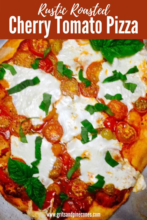 Making homemade pizza is quick and easy, and this Rustic Roasted Cherry Tomato Pizza, full of summery goodness, will make a believer out of you! #pizza #summer #tomatoes Cherry Tomato Pizza, Unique Pizza Recipes, Crispy Pizza Crust, Tomato Pizza, Mozzarella Pizza, Unique Pizza, Crispy Pizza, Vegetarian Italian, Winter Meals