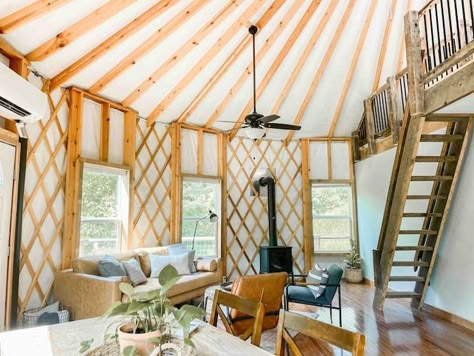 Yurt Interior, Luxury Yurt, Lexington Virginia, Yurt Home, Yurt Living, Airbnb Rentals, Travel Crib, House Beds, Indoor Fireplace