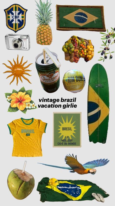 Brazilian Wallpaper Aesthetic, Brazil Aesthetic Vintage, Aesthetic Brazil Wallpaper, Brazil Aesthetic Collage, Brazil Vibes, Brazil Stickers, Brazil Poster Vintage, Brazil Core, Brazil Drawing