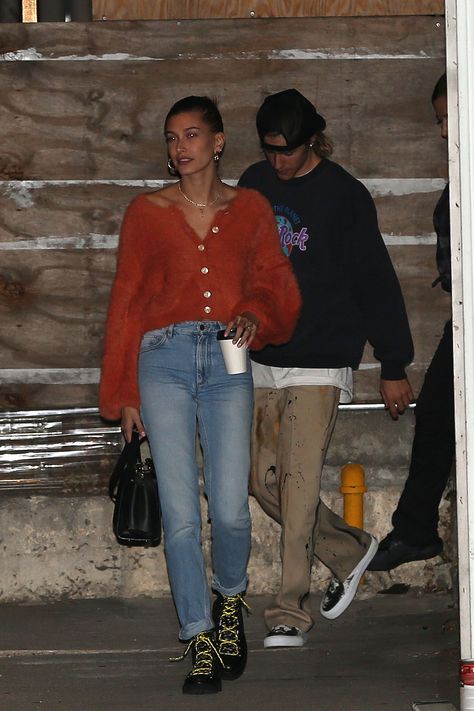 Hailey Baldwin Orange Cardigan and Combat Boots Orange Cardigan Outfit, Justin Bieber And Hailey Baldwin, Justin Bieber And Hailey, Cardigan Fall Outfit, Hailey Bieber Style, Orange Cardigan, Cardigan Outfit, Orange Outfit, House Of Holland