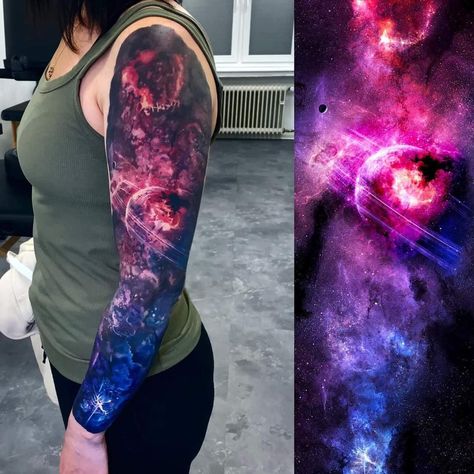 Half Sleeve Space Tattoos, Space Concept Tattoo, Dark Galaxy Tattoo, Galaxy Sleeve Tattoo, Illuminate Tattoo, Galaxy Things, Crew Tattoo, Space Royalty, Colored Tattoo