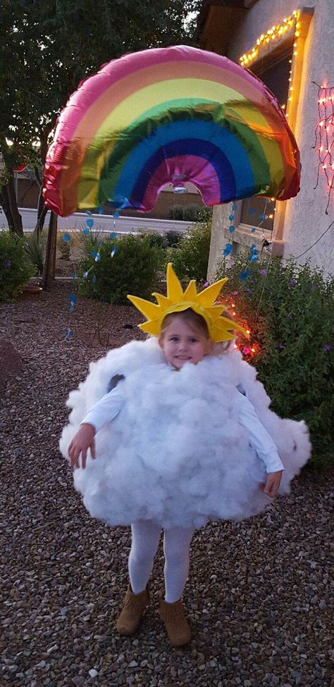 Brilliant costume to represent weather - and a reminder that after the rain (if the angles are right) there's a rainbow. Cloud Costume For Kids, Cloud Costume Diy, Cloud Halloween Costume, Rain Cloud Costume, Rain Costume, Weather Costumes, Cloud Costume, 2015 Halloween Costumes, Rainbow Costumes