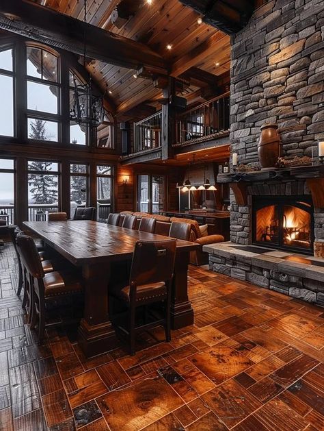 Attractive Log Cabins Hunting Lodge Dining Room, Modern Log Cabin Homes, Mountain Lodge House Plans, Log Cabin Dining Room, Rustic Log Cabin Interior, Log Mansion, Luxury Cabin Interior, Log Home Living Room, Log Cabin Mansions