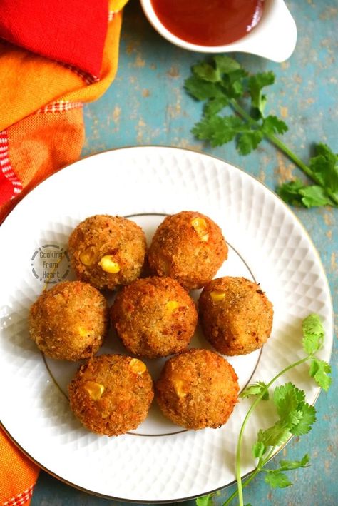 Corn Cheese Balls | Corn Cheese Croquettes | Cooking From Heart Corn Cheese Balls Recipe, Cheese Corn Balls, Corn Balls Recipe, Cheese Corn Balls Recipe, Onion Dishes, Corn Balls, Cheese Croquettes, Cheese Balls Recipe, Croquettes Recipe