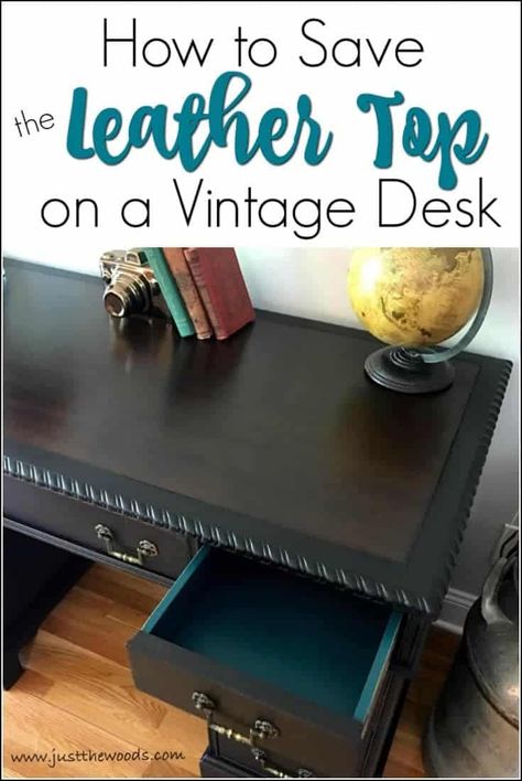 Refinish Desk, Vintage Desk Makeover, Refinished Desk, Desk Makeover Diy, Leather Top Desk, Black Painted Furniture, Paint Leather, Rags To Riches, Painted Bedroom Furniture