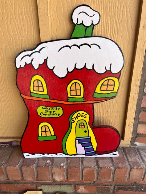 Grinch Wooden Cutout, Welcome To Whoville Door Decoration, Whoville Drawing, Whoville Village Diy, Who Ville Decorations Christmas Ideas Diy, Whoville Christmas Decorations Diy Dollar Stores, Whoville Office Decorating Ideas, Whoville Houses Diy, Grinch Feast