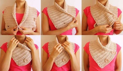 Tuto crochet : Tour de cou beige , fermé par 2 boutons , avec son pas à pas en images ! Crochet Stitches Uk, Simpul Dasi, Crochet Neck Warmer, Half Double Crochet Stitch, Crochet Buttons, Bobble Stitch, Cowl Pattern, Double Crochet Stitch, Single Crochet Stitch