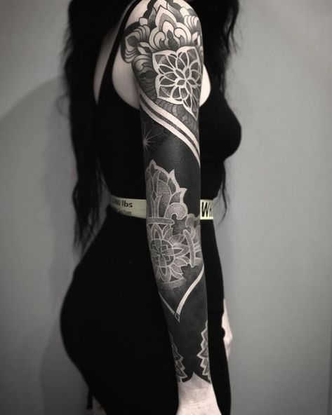 theInkedCulture | Cover up tattoos for women, Blackout ... #womentattoos #tattooideas Negative Geometric Tattoo, Black Out Negative Tattoo, Negative Tattoo Sleeve, Cover Tattoos Women, Black Out Sleeve Tattoo, Cover Up Tattoo Mujer, Dark Tattoo Cover Up Ideas For Women, White On Black Tattoo, White Over Black Tattoo