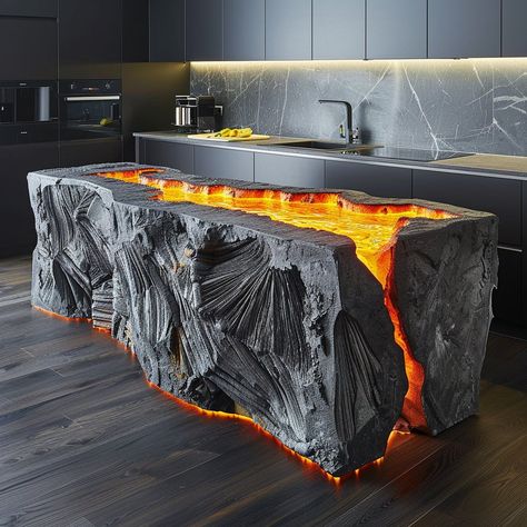 Introducing the “Lava Flow” kitchen island: inspired by the raw power and beauty of molten lava, its fiery design and accents are sure to ignite culinary inspiration in any kitchen space. Conceptual AI Art Follow @ecosapiens for more! Concrete Countertop Ideas, Stone Kitchen Island, Concrete Mix Design, Stone Wall Design, Futuristic Home, Molten Lava, Beauty Room Design, Stylish Interior Design, Showroom Interior Design