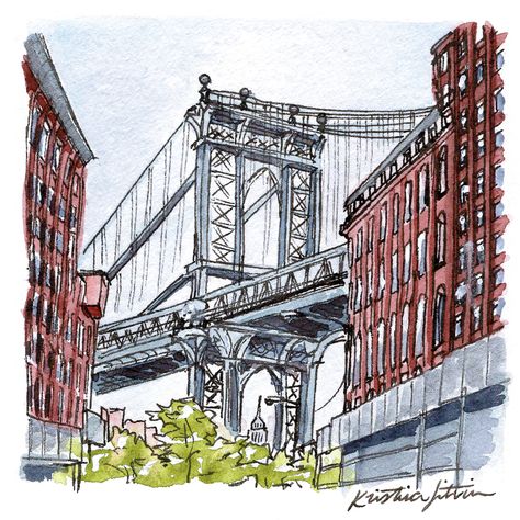 Brooklyn Bridge Watercolor, Manhattan Bridge Drawing, Brooklyn Illustration, Brooklyn Bridge Drawing, Brooklyn Drawing, Building Artists, Ny Drawing, New York Sketch, New York Drawing